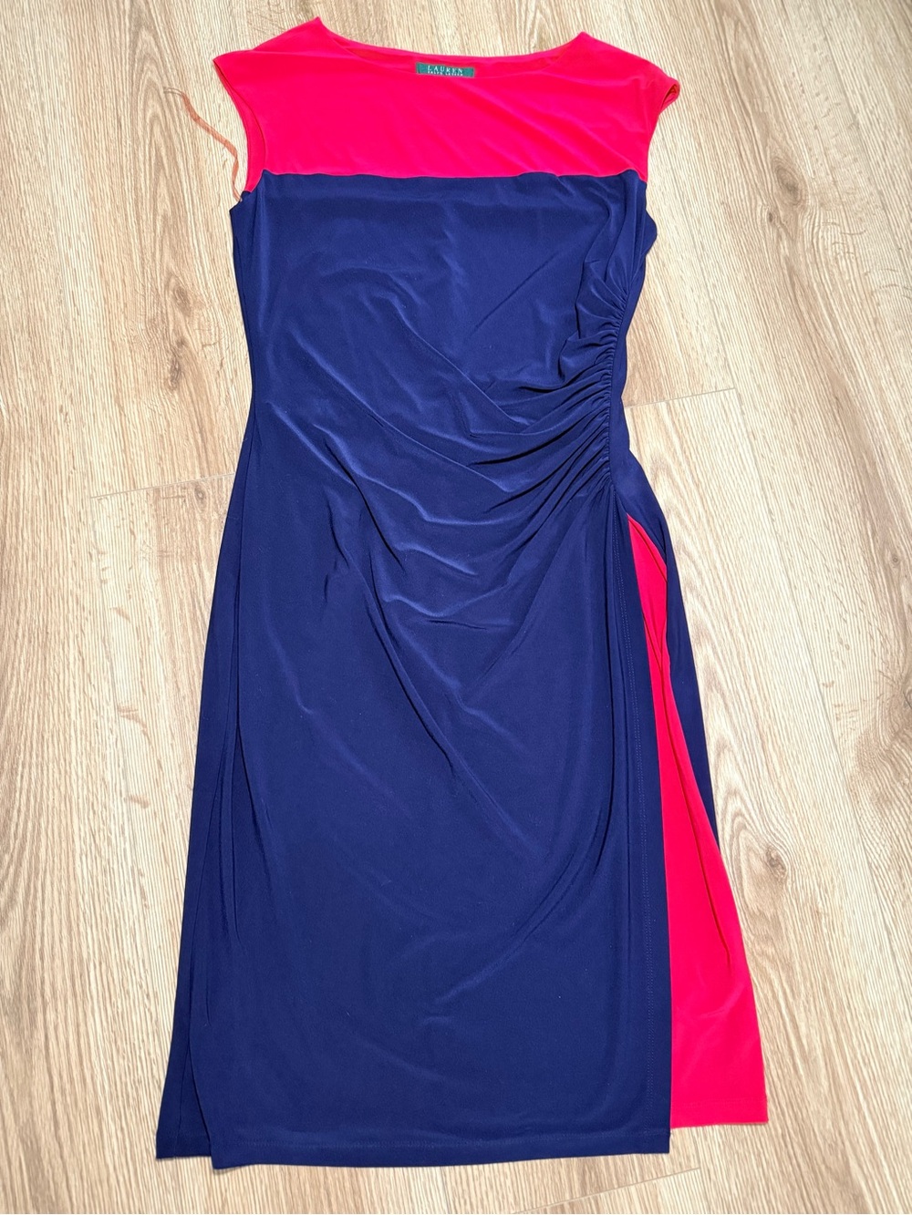 Lauren Ralph Lauren Womens Navy Pink Colorblock Ruched Sheath Dress Size 6